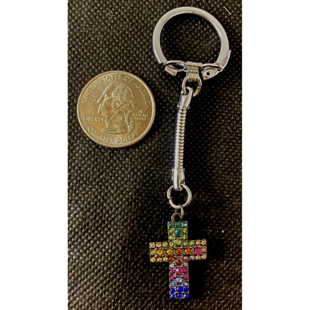 Handcrafted Multicolor Rhinestone Cross Chrome Steel Key Chain Charm Accessory - Picture 3 of 6